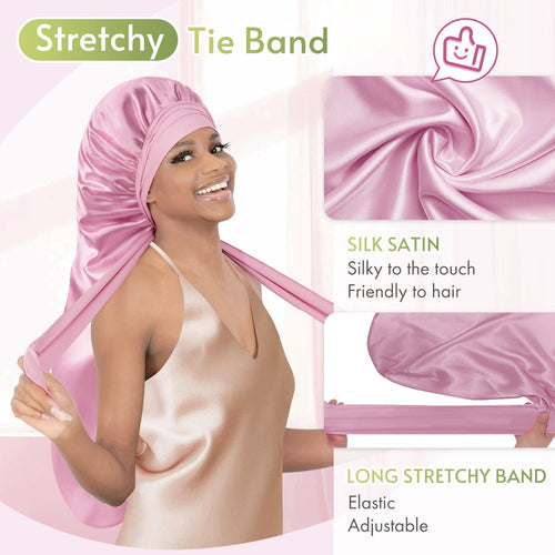 Extra Long Silky Satin Braid Bonnet with Tie Band Light Rose Gold - BONNET QUEEN