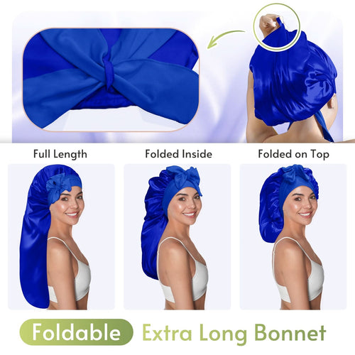 Extra Long Silky Satin Braid Bonnet with Tie Band Navy Blue - BONNET QUEEN