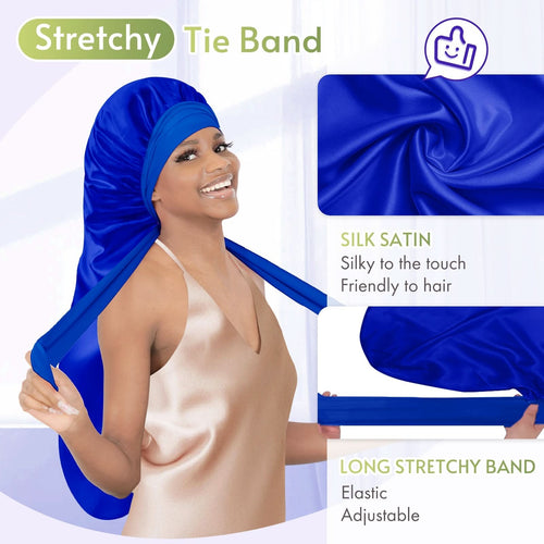 Extra Long Silky Satin Braid Bonnet with Tie Band Navy Blue - BONNET QUEEN