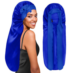 Extra Long Silky Satin Braid Bonnet with Tie Band Navy Blue - BONNET QUEEN