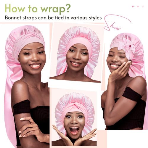 Extra Long Silky Satin Braid Bonnet with Tie Band Pink - BONNET QUEEN