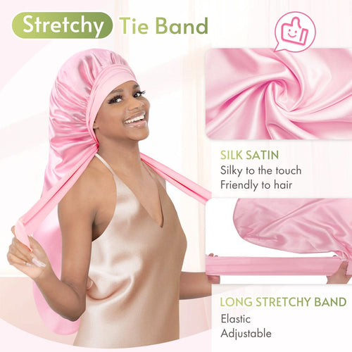 Extra Long Silky Satin Braid Bonnet with Tie Band Pink - BONNET QUEEN