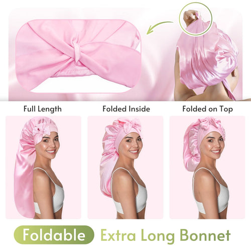 Extra Long Silky Satin Braid Bonnet with Tie Band Pink - BONNET QUEEN