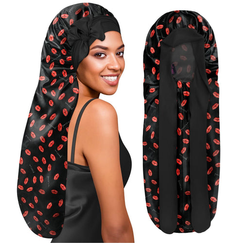 Extra Long Silky Satin Braid Bonnet with Tie Band Red Lips - BONNET QUEEN