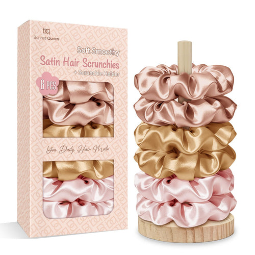 BONNET QUEEN Hair Ties for Women – Satin Scrunchies, 6-Pack with Holder – Silk Scrunchies No Crease, Strong Hold to Prevent Hair Breakage & Frizz, Soft Scrunchies for Sleeping & Everyday – Black