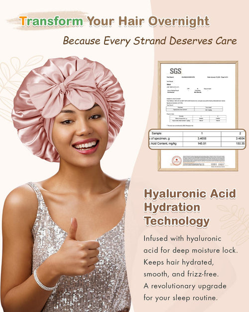 BONNET QUEEN Hyaluronic Acid Bonnet with Elastic Band & Scrunchie for Curly Hair Machine Washable Double Moisture Anti-Frizz Satin Nightcap Gift for Women Heatless Haircare Adjustable Reversible Design Smooth Curly Hair
