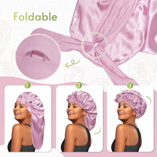 Long Silky Satin Braid Bonnet Nightcap with Tie Band Light Rose Gold - BONNET QUEEN