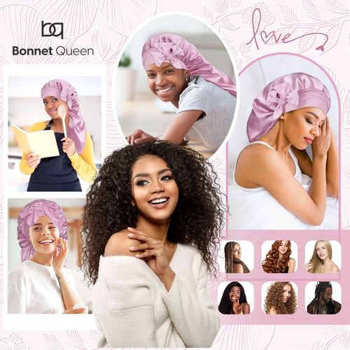 Long Silky Satin Braid Bonnet Nightcap with Tie Band Light Rose Gold - BONNET QUEEN