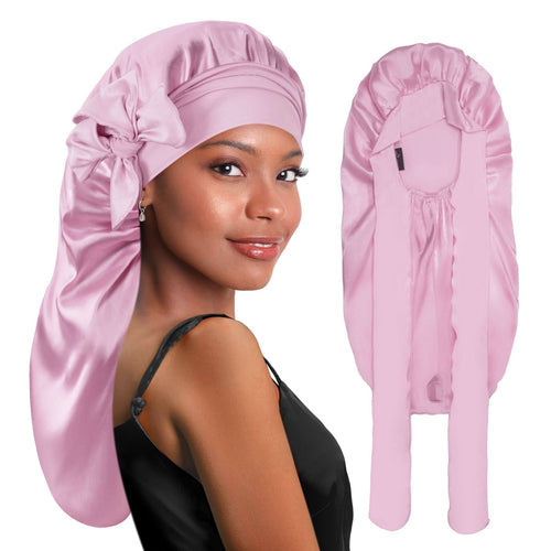 Long Silky Satin Braid Bonnet Nightcap with Tie Band Light Rose Gold - BONNET QUEEN