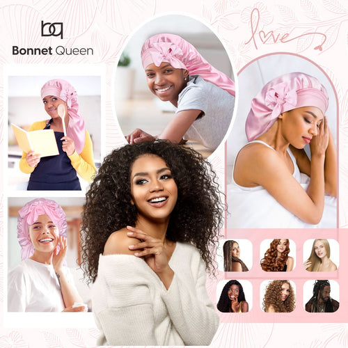 Long Silky Satin Braid Bonnet Nightcap with Tie Band Pink - BONNET QUEEN