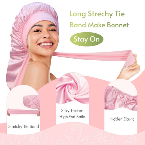 Long Silky Satin Braid Bonnet Nightcap with Tie Band Pink - BONNET QUEEN