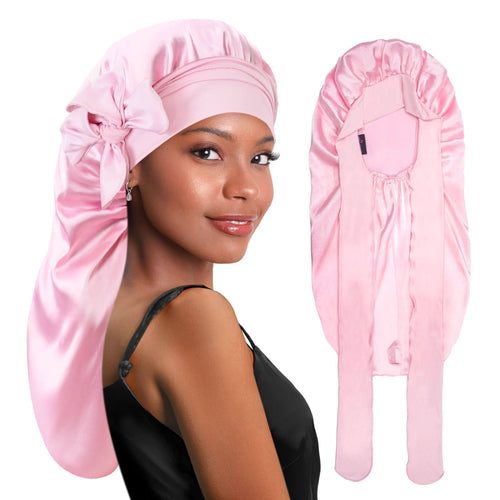 Long Silky Satin Braid Bonnet Nightcap with Tie Band Pink - BONNET QUEEN