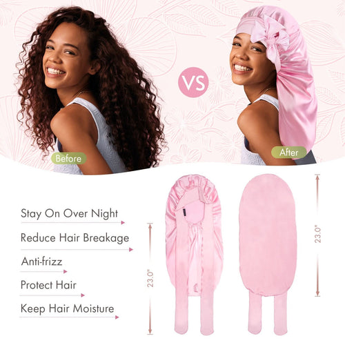 Long Silky Satin Braid Bonnet Nightcap with Tie Band Pink - BONNET QUEEN