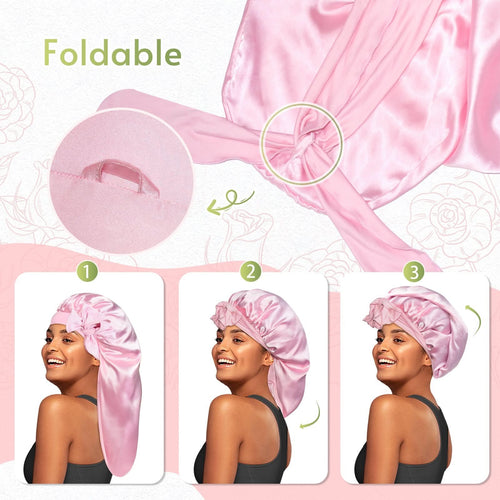 Long Silky Satin Braid Bonnet Nightcap with Tie Band Pink - BONNET QUEEN