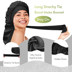 Long Silky Satin Braid Bonnet with Tie Band Black - BONNET QUEEN