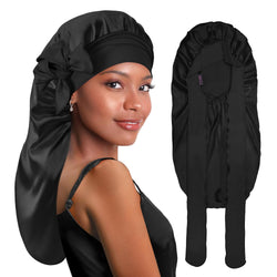 Long Silky Satin Braid Bonnet with Tie Band Black - BONNET QUEEN