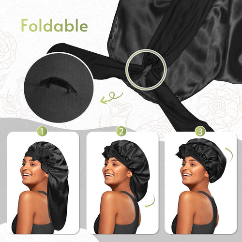 Long Silky Satin Braid Bonnet with Tie Band Black - BONNET QUEEN