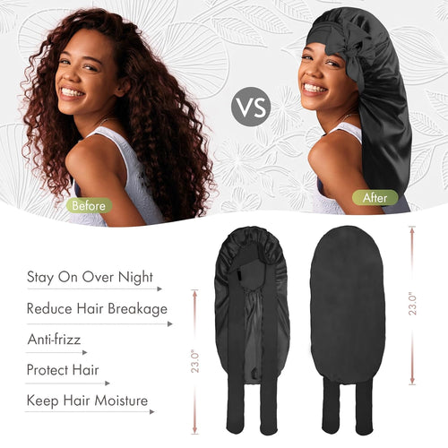 Long Silky Satin Braid Bonnet with Tie Band Black - BONNET QUEEN