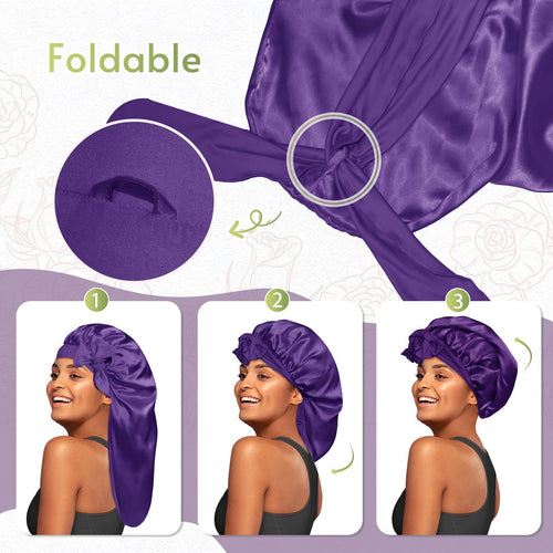 Long Silky Satin Braid Bonnet with Tie Band Deep Purple - BONNET QUEEN