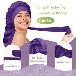 Long Silky Satin Braid Bonnet with Tie Band Deep Purple - BONNET QUEEN