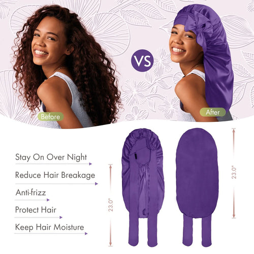 Long Silky Satin Braid Bonnet with Tie Band Deep Purple - BONNET QUEEN