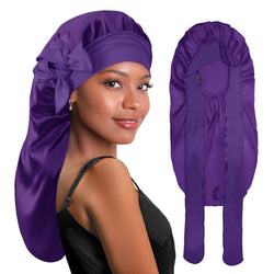 Long Silky Satin Braid Bonnet with Tie Band Deep Purple - BONNET QUEEN