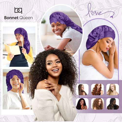 Long Silky Satin Braid Bonnet with Tie Band Deep Purple - BONNET QUEEN