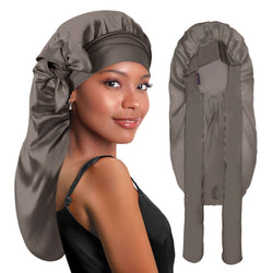 Long Silky Satin Braid Bonnet with Tie Band Grey Gold - BONNET QUEEN