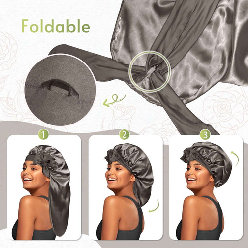 Long Silky Satin Braid Bonnet with Tie Band Grey Gold - BONNET QUEEN