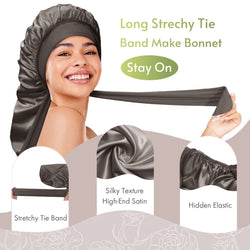 Long Silky Satin Braid Bonnet with Tie Band Grey Gold - BONNET QUEEN