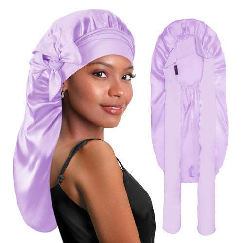 Long Silky Satin Braid Bonnet with Tie Band Leopard - BONNET QUEEN