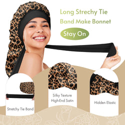 Long Silky Satin Braid Bonnet with Tie Band Leopard - BONNET QUEEN