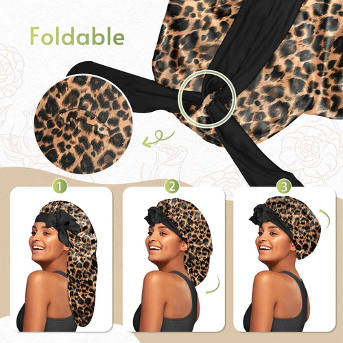 Long Silky Satin Braid Bonnet with Tie Band Leopard - BONNET QUEEN