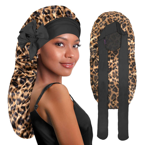 Long Silky Satin Braid Bonnet with Tie Band Leopard - BONNET QUEEN