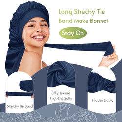 Long Silky Satin Braid Bonnet with Tie Band Navy Blue - BONNET QUEEN