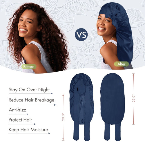 Long Silky Satin Braid Bonnet with Tie Band Navy Blue - BONNET QUEEN