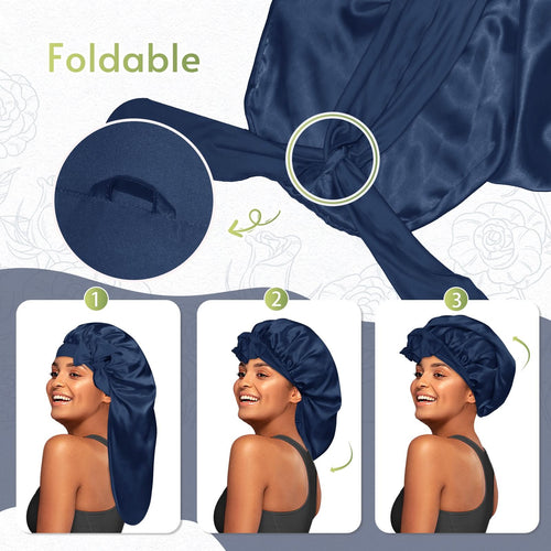 Long Silky Satin Braid Bonnet with Tie Band Navy Blue - BONNET QUEEN