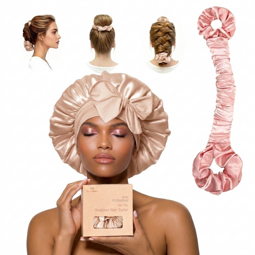 Mother's Day Gift | BONNET QUEEN Pink Satin Bonnet + Satin Heatless Hair Curler Set for Women