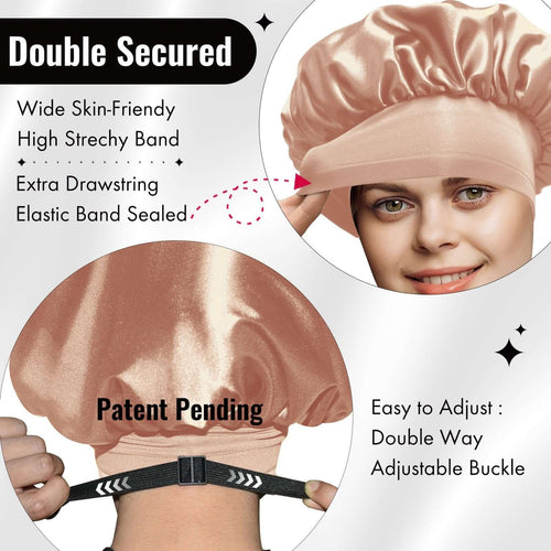 Satin Bonnet Adjustable Hair Bonnet Soft Elastic Wide Band (Grey Rose Gold+Champagne, 4pcs Item Gift Pack) - BONNET QUEEN
