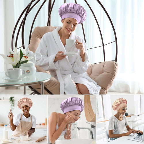 Satin Bonnet Adjustable Hair Bonnet Soft Elastic Wide Band (Grey Rose Gold+Champagne, 4pcs Item Gift Pack) - BONNET QUEEN