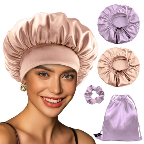 Satin Bonnet Adjustable Hair Bonnet Soft Elastic Wide Band (Grey Rose Gold+Champagne, 4pcs Item Gift Pack) - BONNET QUEEN