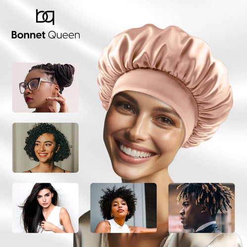 Satin Bonnet Adjustable Hair Bonnet Soft Elastic Wide Band (Grey Rose Gold+Champagne, 4pcs Item Gift Pack) - BONNET QUEEN