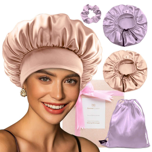 Satin Bonnet Adjustable Hair Bonnet Soft Elastic Wide Band (Grey Rose Gold+Champagne, 4pcs Item Gift Pack) - BONNET QUEEN