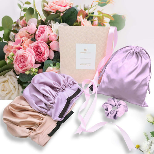 Satin Bonnet Adjustable Hair Bonnet Soft Elastic Wide Band (Grey Rose Gold+Champagne, 4pcs Item Gift Pack) - BONNET QUEEN