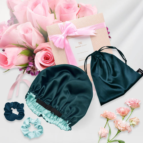 Satin Double Layer Reversible Hair Bonnet (With 2 Scrunchies & 1 Satin Bag) - BONNET QUEEN