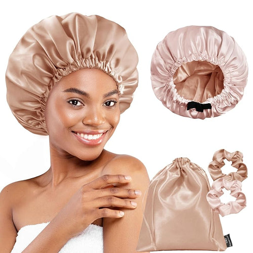 Satin Double Layer Reversible Hair Bonnet (With 2 Scrunchies & 1 Satin Bag) - BONNET QUEEN