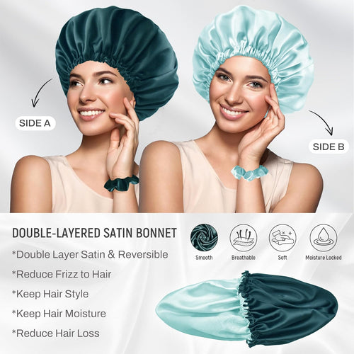 Satin Double Layer Reversible Hair Bonnet (With 2 Scrunchies & 1 Satin Bag) - BONNET QUEEN