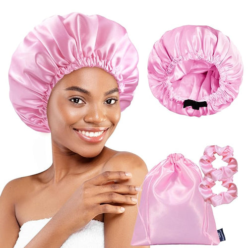 Satin Double Layer Reversible Hair Bonnet (With 2 Scrunchies & 1 Satin Bag) - BONNET QUEEN