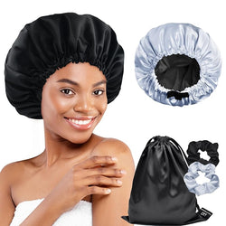 Satin Double Layer Reversible Hair Bonnet (With 2 Scrunchies & 1 Satin Bag) - BONNET QUEEN