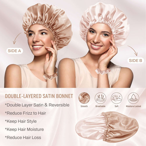 Silk Satin Bonnet Double Layer Reversible Elastic with 2 Scrunchies & 1 Satin Bag Champagne Jade - BONNET QUEEN